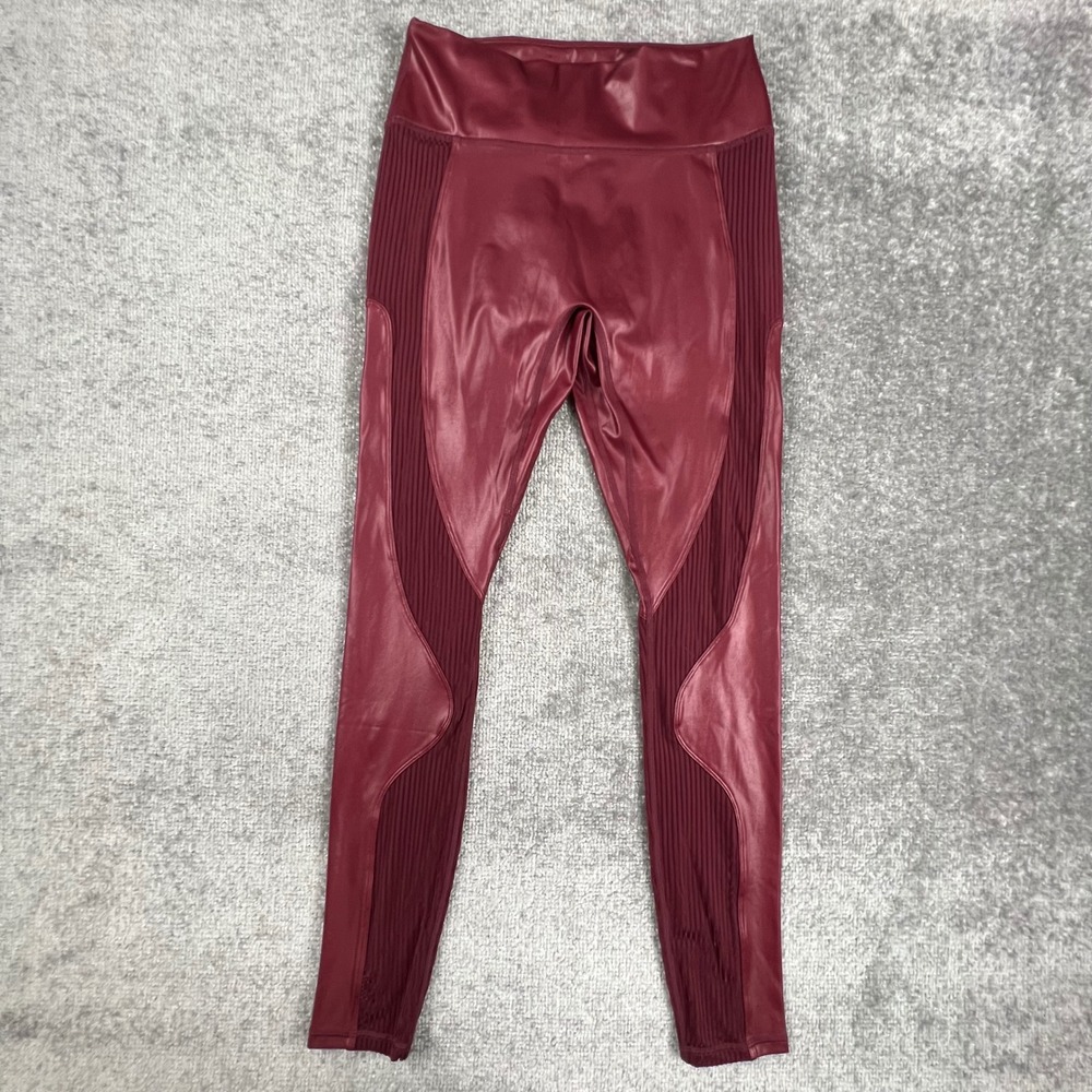 Fabletics Womens Burgundy Faux Leather Moto Ribbed High Rise Leggings 26 Inseam